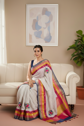 Offwhite Checks Moonga Silk Multicolour Blue Border Hand Embroidered Saree