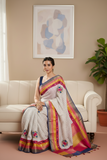 Offwhite Checks Moonga Silk Multicolour Blue Border Hand Embroidered Saree