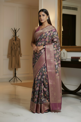Black Floral Pure Chanderi Digital Print Saree