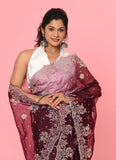 Wine Organza Embroidered Designer Saree