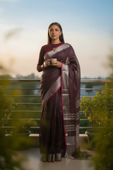 Wine Linen Saree with Silver Border