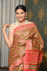 Yellow-red pattern Pure Tussar Ghicha Printed Saree
