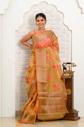 Yellow Multicolour Floral Cotton Banarasi Saree