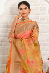 Yellow Multicolour Floral Cotton Banarasi Saree