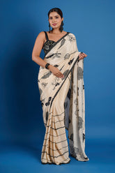 Beige Crepe Handwork Saree