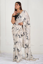 Black and White Crepe Satin Handwork Designer Saree