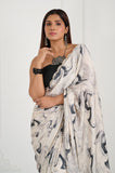Black and White Crepe Satin Handwork Designer Saree