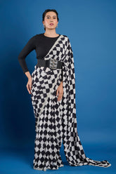Black and White Square Crepe Handwork Designer Saree