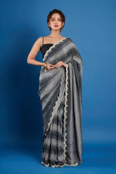 Black and White Star Crepe Handwork Designer Saree