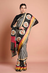 Black and White Stripes Silk Hand Kantha work Designer Saree