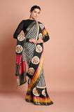 Black and White Stripes Silk Hand Kantha work Designer Saree