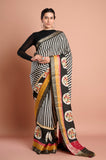 Black and White Stripes Silk Hand Kantha work Designer Saree