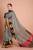 Black and White Stripes Silk Hand Kantha work Designer Saree