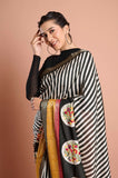 Black and White Stripes Silk Hand Kantha work Designer Saree