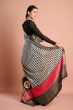 Black and White Stripes Silk Hand Kantha work Designer Saree