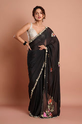 Black Chinon Embroidered Saree