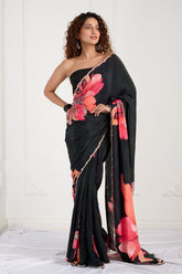 Black Floral Printed Crepe Handwork Designer Saree