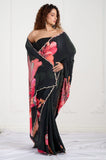 Black Floral Printed Crepe Handwork Designer Saree