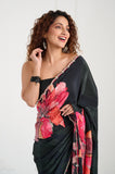 Black Floral Printed Crepe Handwork Designer Saree