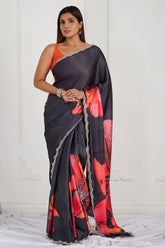 Black Floral Printed Satin Crepe Handwork Designer Saree