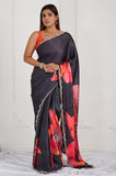 Black Floral Printed Satin Crepe Handwork Designer Saree