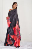 Black Floral Printed Satin Crepe Handwork Designer Saree