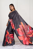 Black Floral Printed Satin Crepe Handwork Designer Saree