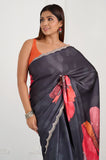 Black Floral Printed Satin Crepe Handwork Designer Saree