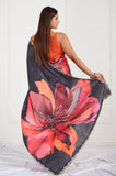 Black Floral Printed Satin Crepe Handwork Designer Saree