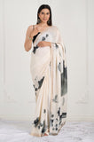 Ivory Black Floral Printed Satin Handwork Saree