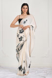 Ivory Black Floral Printed Satin Handwork Saree