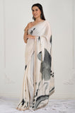 Ivory Black Floral Printed Satin Handwork Saree