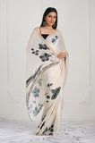 Ivory Black Floral Printed Satin Handwork Saree