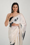 Ivory Black Floral Printed Satin Handwork Saree