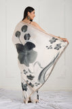 Ivory Black Floral Printed Satin Handwork Saree