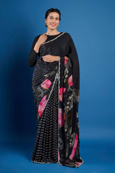 Black Printed Crepe Handwork Designer Saree