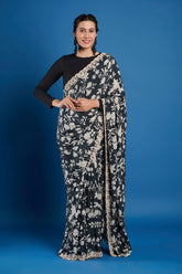 Black Printed Hand Work Crepe Saree