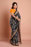 Black Russian Silk Hand Kantha Work Saree