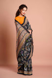 Black Russian Silk Hand Kantha Work Saree