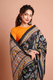 Black Russian Silk Hand Kantha Work Saree