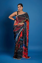 Black Satin Crepe Handwork Designer Saree