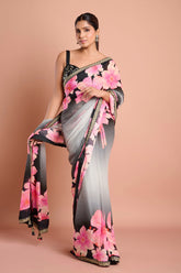 Black Shaded Chinon Floral Sequins Designer Saree