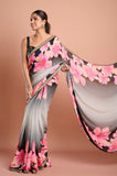 Black Shaded Chinon Floral Sequins Designer Saree