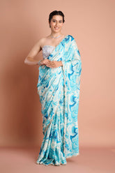 Blue and White Crepe Satin Handwork Designer Saree