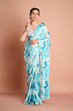 Blue and White Crepe Satin Handwork Designer Saree