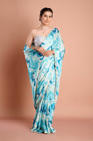 Blue and White Crepe Satin Handwork Designer Saree