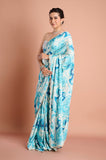Blue and White Crepe Satin Handwork Designer Saree