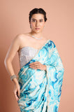 Blue and White Crepe Satin Handwork Designer Saree