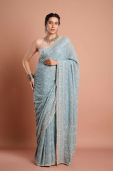 Blue Chikankari Georgette Handwork Designer Saree