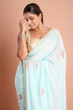 Blue Chinon Embroidered Saree